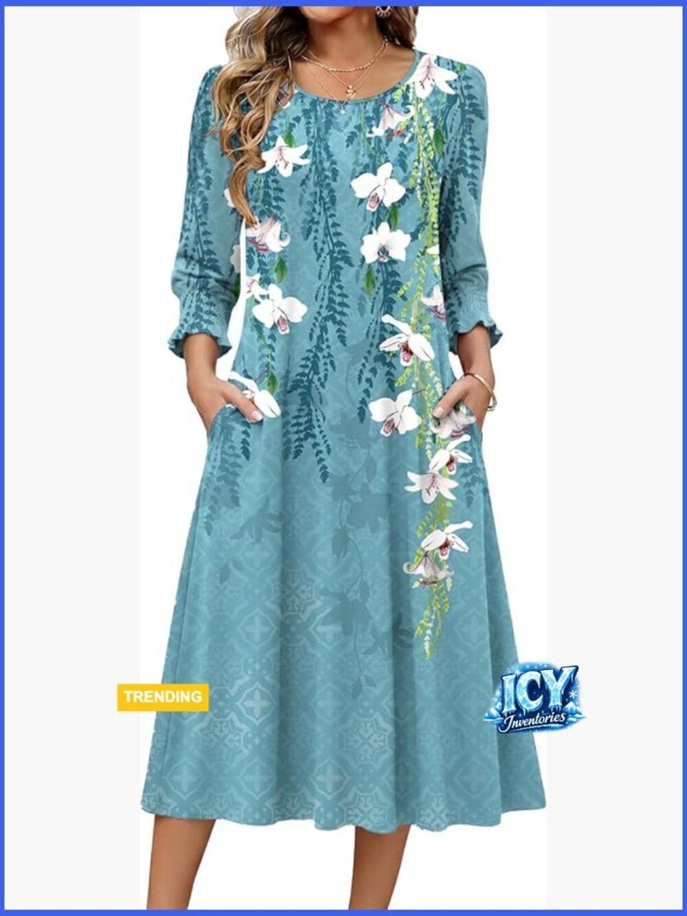 Polyester Spandex 3/4 Sleeve Midi Dress with Pockets Casual Floral